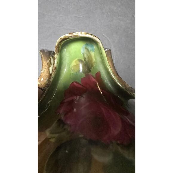 Vintage Hand Painted Porcelain Rose Bowl Vase Gilt Rim Pink Roses *repairs - Picture 9 of 12